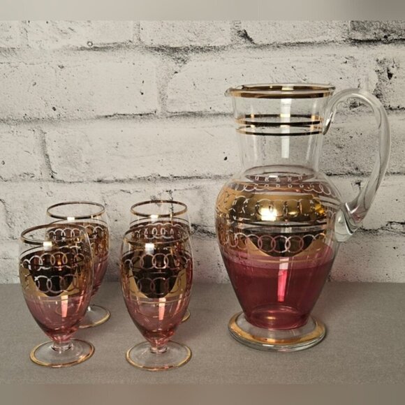 Vintage Pink & Gold Ombre Glass Pitcher Set – 5 Pc Mid-Century Barware - Picture 1 of 15